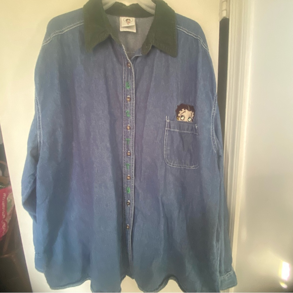 Vintage Betty Boop Blue Denim Shirt with Green‎ Color Y2K